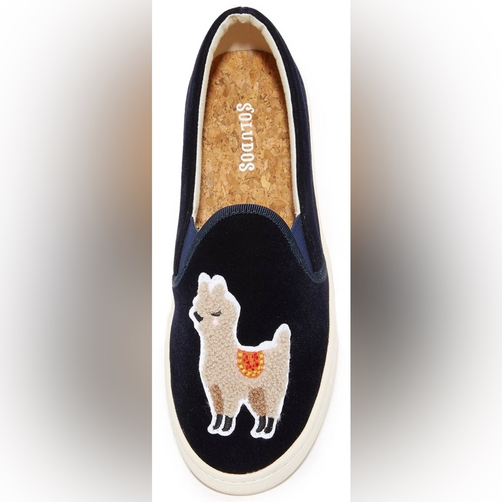 Soludos women’s velvet llama sneaker‎ slide slip-on navy blue white cream 7